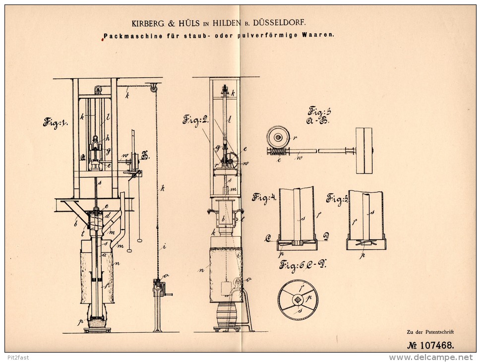 Original Patentschrift - Kirberg & Hüls In Hilden B. Düsseldorf , 1899 , Packmaschine Für Pulver , Staub , Verpackung !! - Machines