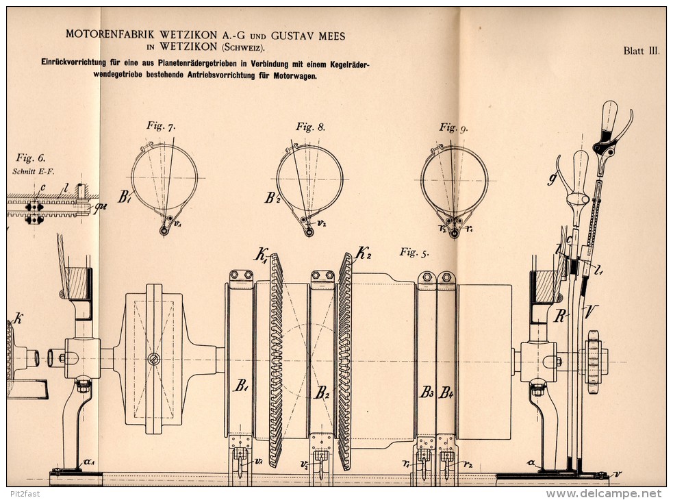 Original Patentschrift - G. Mees In Wetzikon , 1898 , Einrücker Für Motorwagen , Automobile , Motorenfabrik !!! - Cars