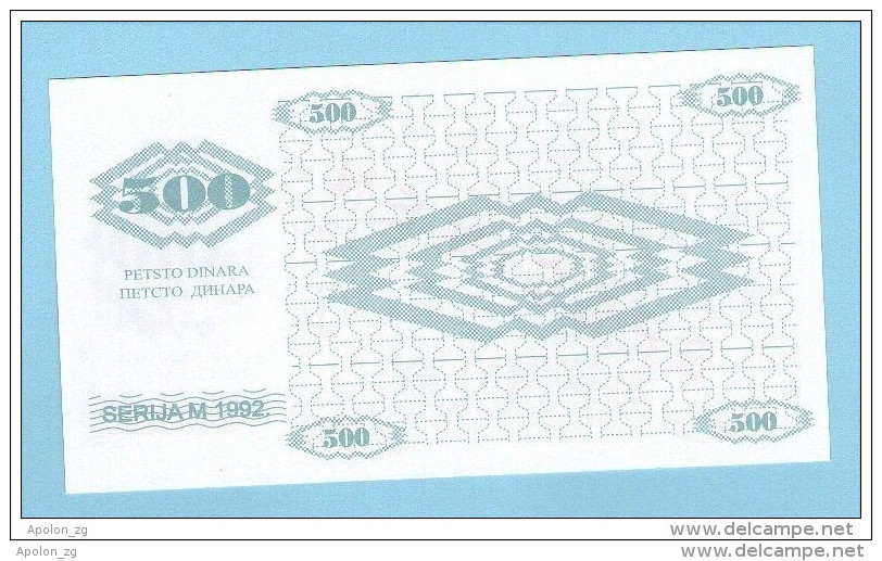 BOSNIA - BOSNIA Y HERZEGOVINA, 500 Dinara 1992 UNC SPECIMEN No. 000000. - Bosnia Y Herzegovina