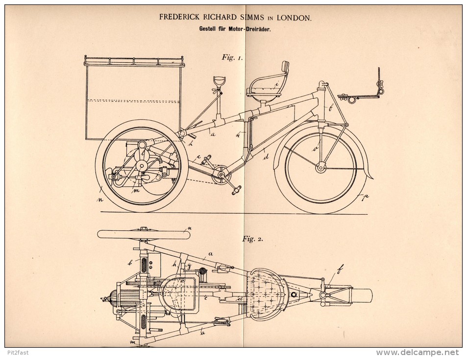 Original Patentschrift - F. R. Simms In London , 1898 , Frame For Motorcycle , Trike , Bike !!! - Motor Bikes