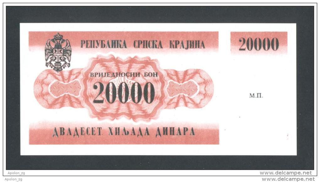 CROACIA - CROATIA - KRAJINA,  20,000 Dinara 1991 UNC *P-RA2  , POSSIBLE FAKE? - Croacia