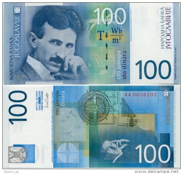 YUGOSLAVIA - JUGOSLAWIEN:  100 Dinara 2000  UNC  P-156  TESLA  *Last YU Banknote ! - Yugoslavia