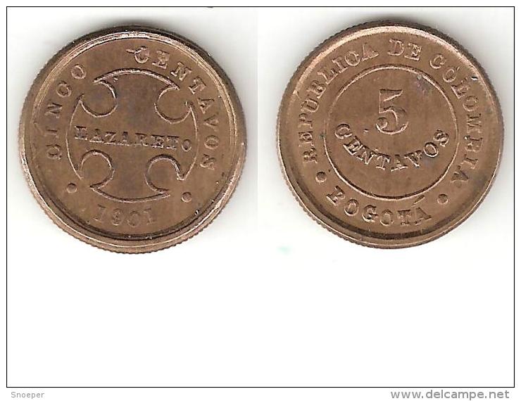 *Colombia Bogota Lepra  Coinage 5 Centavo 1901 B Km L2  Xf Look !!!!!! - Colombia