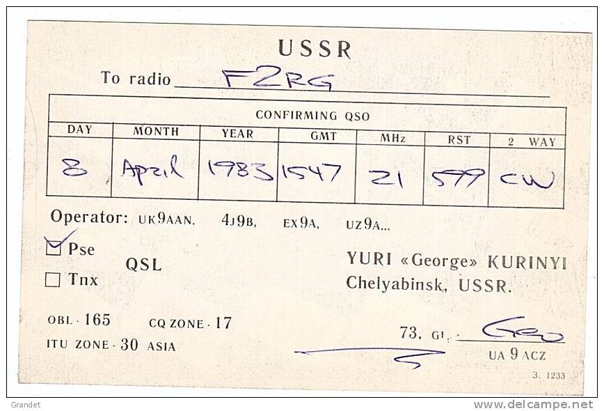 CARTE RADIO QSL -RUSSIE - CHELYABINSK - 1983. - Radio Amateur