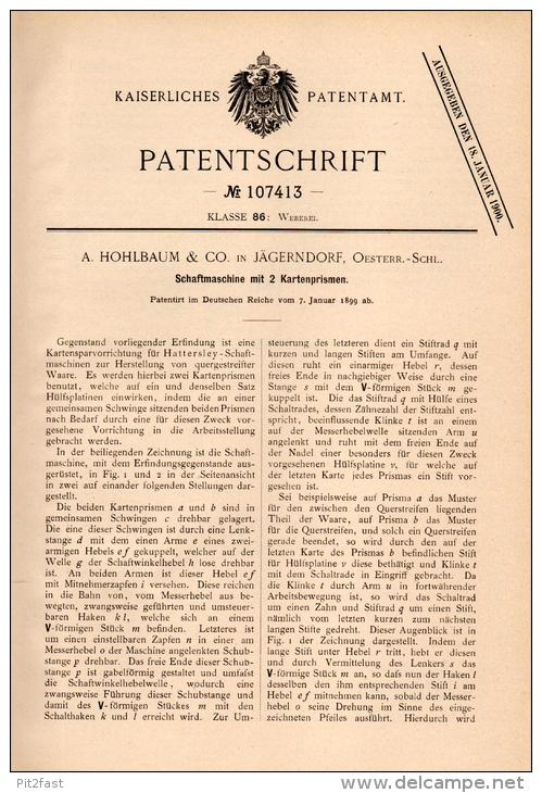 Original Patentschrift - A. Hohlbaum & Co In Jägerndorf / Krnov , 1899 , Schaftmaschine Für Weberei , Schlesien !!! - Maschinen