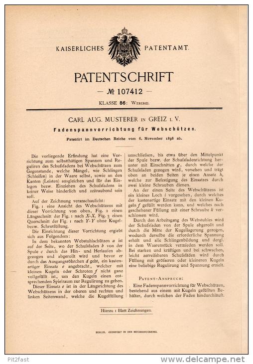 Original Patentschrift - C. Musterer In Greiz I.V., 1898 , Spanner Für Webschütze , Weberei , Webstuhl !!! - Historische Dokumente