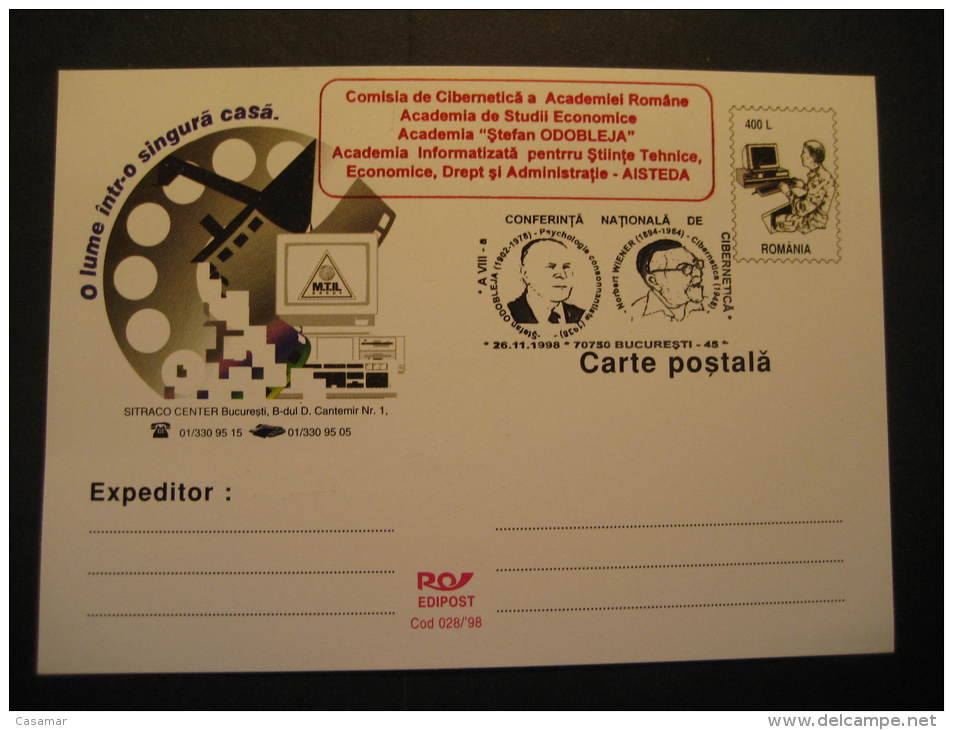 Bucharest 1998 Cibernetica Computer Computers Telecom Informatics Romania Postal Stationery - Informatique