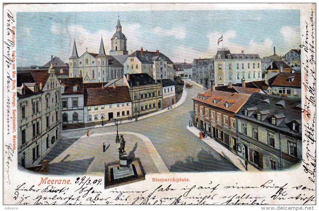 R! Litho MEERANE (Sachsen), Bismarckplatz, Stadtpanorama, Karte Original Gelaufen Um 1909, Stempel Meerane (Sachs.) ... - Meerane