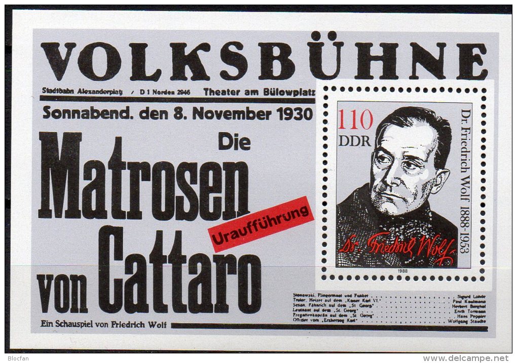 Arzt Dr.Wolf 1988 DDR Block 96 ** 2€ Dramatiker Matrose Von Cattaro Blocchi Bf M/s History Bloc Theatre Sheet Of Germany - Other & Unclassified