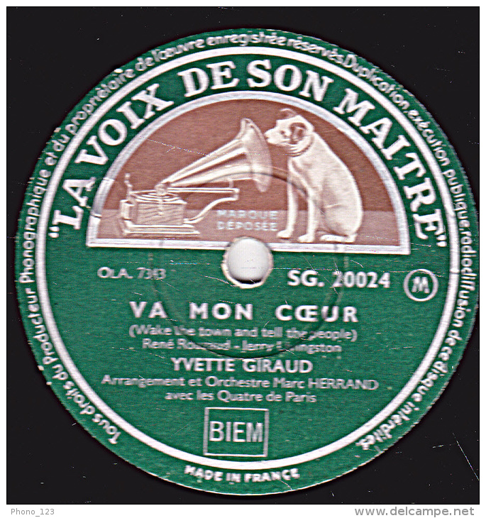 78 Tours - LA VOIX DE SON MAITRE SG.20024 - Etat EX - YVETTE GIRAUD -  CHOISIS TON METIER - VA MON COEUR - 78 Rpm - Schellackplatten