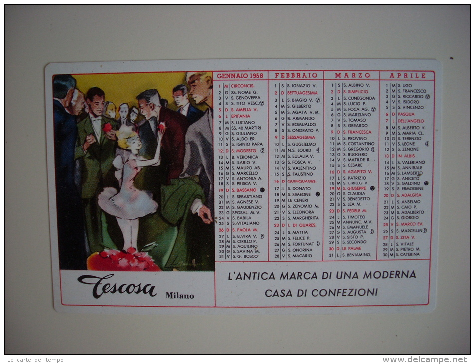 Calendarietto/calendario 1958 TESCOSA Confezioni E Creazioni Per Signora. Milano.Illustratore Franz Marangolo - Formato Grande : 1941-60