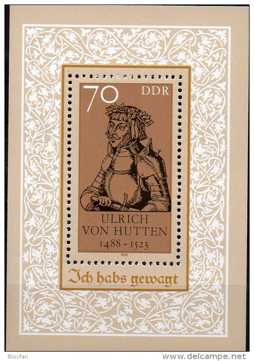 Graf Hutten 1988 Reichs-Ritter DDR Block 93 ** 2€ Porträt Des Humanisten Blocchi Bf M/s Bloc History Sheet Of Germany - Mythologie