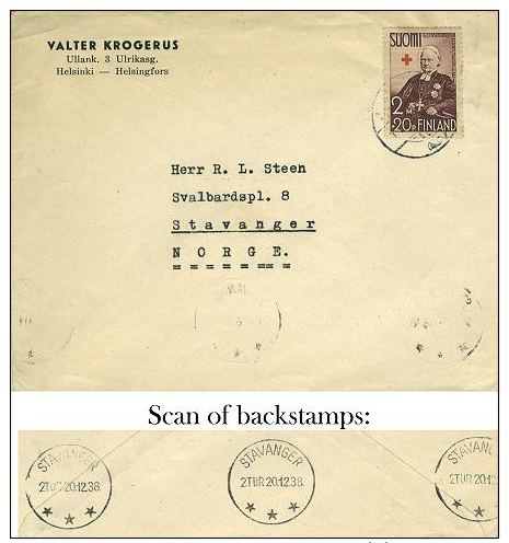 2M+20p Edward Bergenheim Semi-Postal 1938 Helsinki To Stavanger, Norway.  EUROPEAN SIZE - Covers & Documents