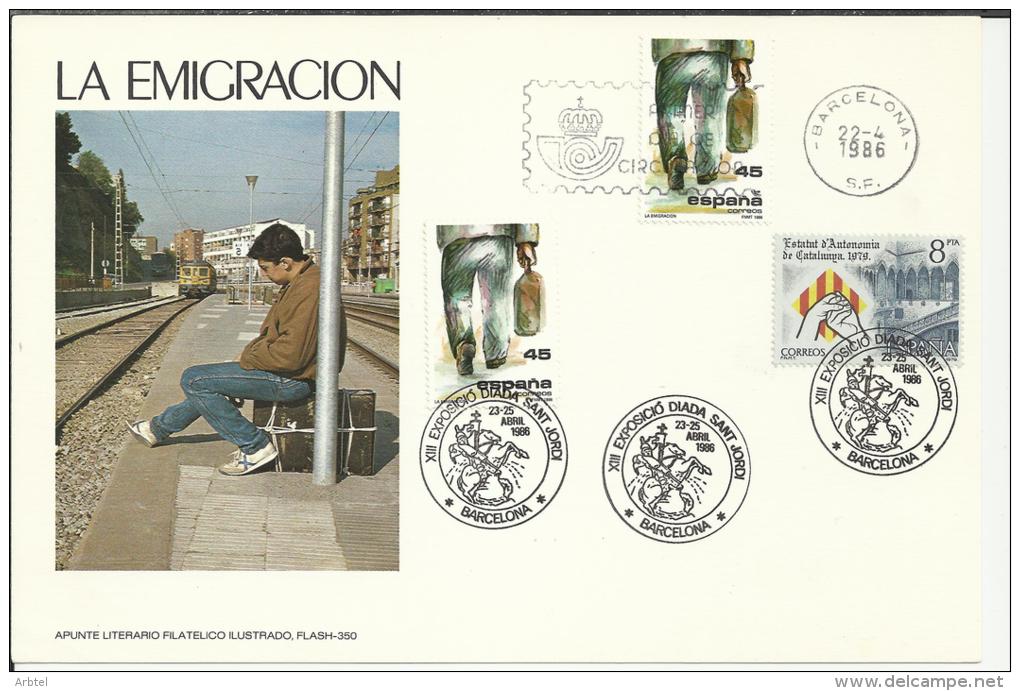 ESPAÑA TARJETA MAT PRIMER DIA EMIGRACION MAT DIADA SANT JORDI DAN JORGE 1986 - Mythologie