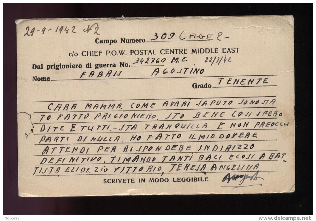 FRANCHIGIA - 1942 - PRIGIONIERI DI GUERRA - DA CAMPO DI CONCENTRAMENTO MIDDLE EAST  PER THIENE (INT143) - Portofreiheit