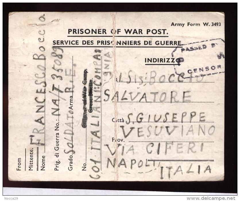 FRANCHIGIA -1942 - PRIGIONIERI DI GUERRA - DA CAMPO DI CONCENTRAMENTO INGLESE  PER S.GIUSEPPE VESUVIANO (INT6) - Portofreiheit