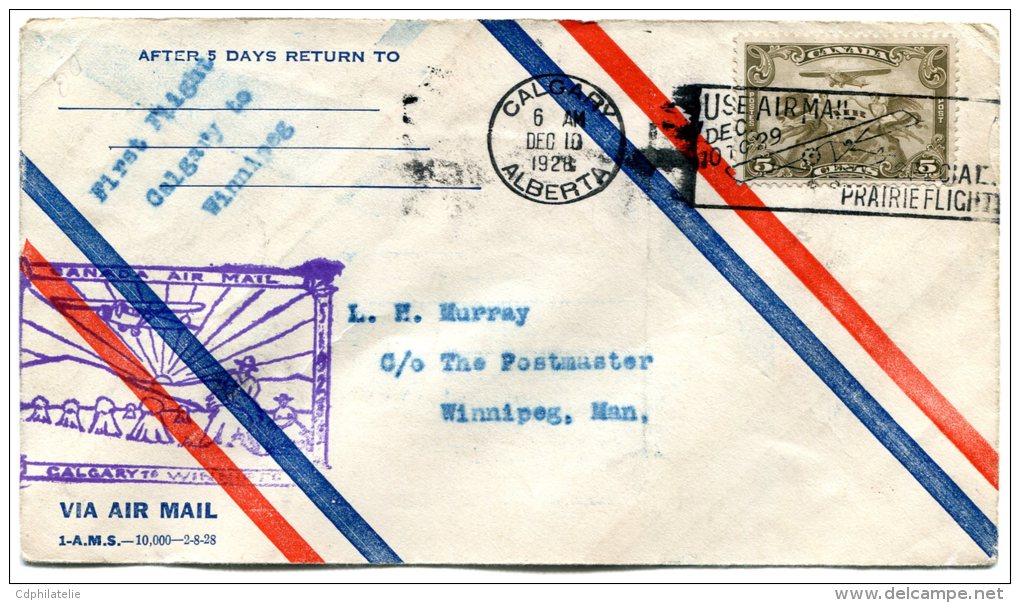 CANADA LETTRE AVEC GRIFFE VIOLETTE CANADA AIR MAIL CALGARY TO WINNIPEG - Eerste Vluchten