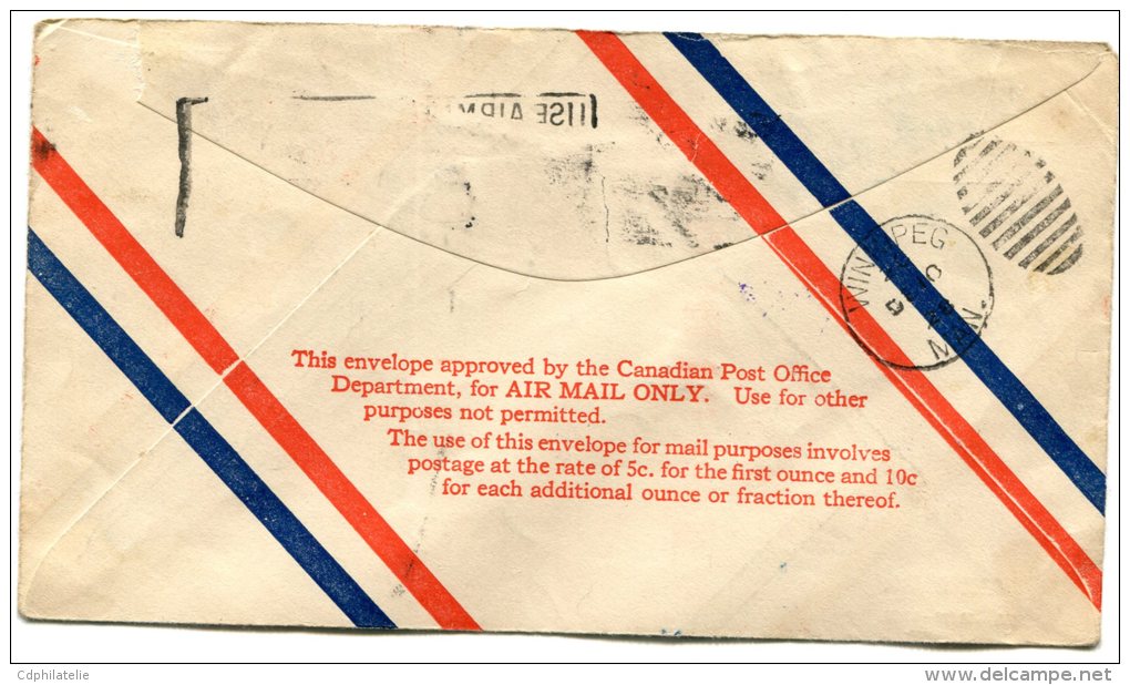 CANADA LETTRE AVEC GRIFFE VIOLETTE CANADA AIR MAIL CALGARY TO WINNIPEG - First Flight Covers