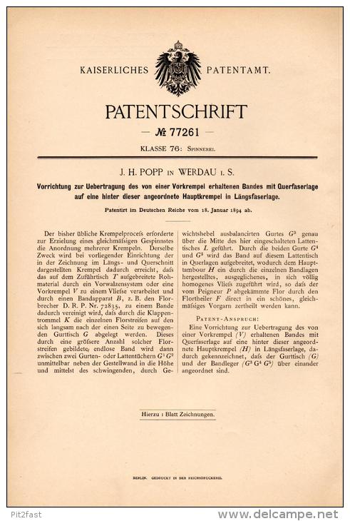 Original Patentschrift - J. Popp In Werdau I.S., 1894 , Apparat Für Fasern , Spinnerei , Krempel !!! - Historical Documents