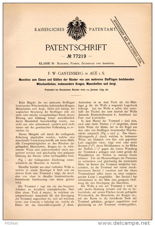 Original Patentschrift - F. Gantenberg In Aue I.S., 1894 , Maschine Zum Glätten Von Kragen Und Manschetten , Wäsche !!! - Maschinen