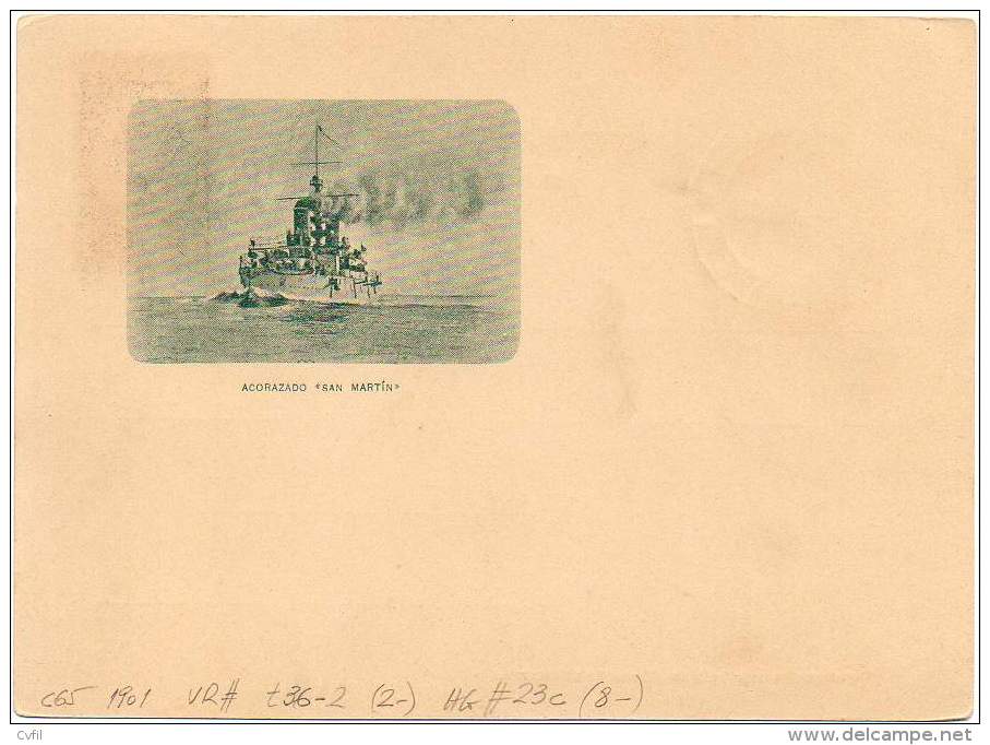 ARGENTINA 1901- Entire Postal Card Of 2 Cents Bartolome Mitre With The Battle Ship "San Martin" At Back - Postwaardestukken