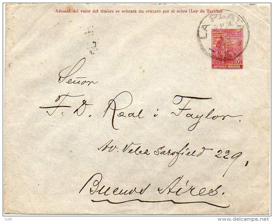 ARGENTINA 1914 - Entire Postal Envelope Of 5 Cents Agriculture From La Plata To Buenos Aires - Postwaardestukken