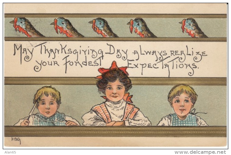 Griggs 'HBG' Signed Artist Image, Thanksgiving Beautiful Children &amp; Turkey, C1900s Vintage Postcard - Thanksgiving