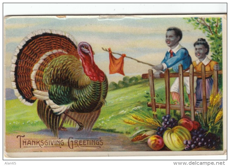 Thanksgiving Greetings, Black Children &amp; Turkey, C1910s Vintage Postcard - Thanksgiving