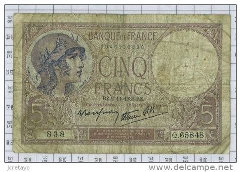 5 Francs Violet Type 1917 Modifié, Ref Fayette 4-14, état TB - 5 F 1917-1940 ''Violet''