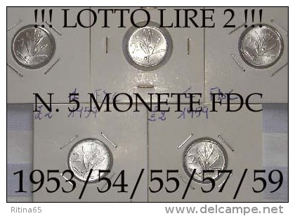 !!! N. 5 MONETE FDC DA 2 LIRE 1953/54/55/57/59 !!! TUTTE FDC/UNC - 2 Lire