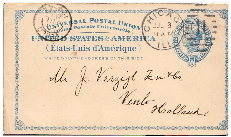 Chicago, Ill. 1881 Leavitt Machine Type B-CHI  2c Blue Liberty Postal Card To Netherlands. - Covers & Documents