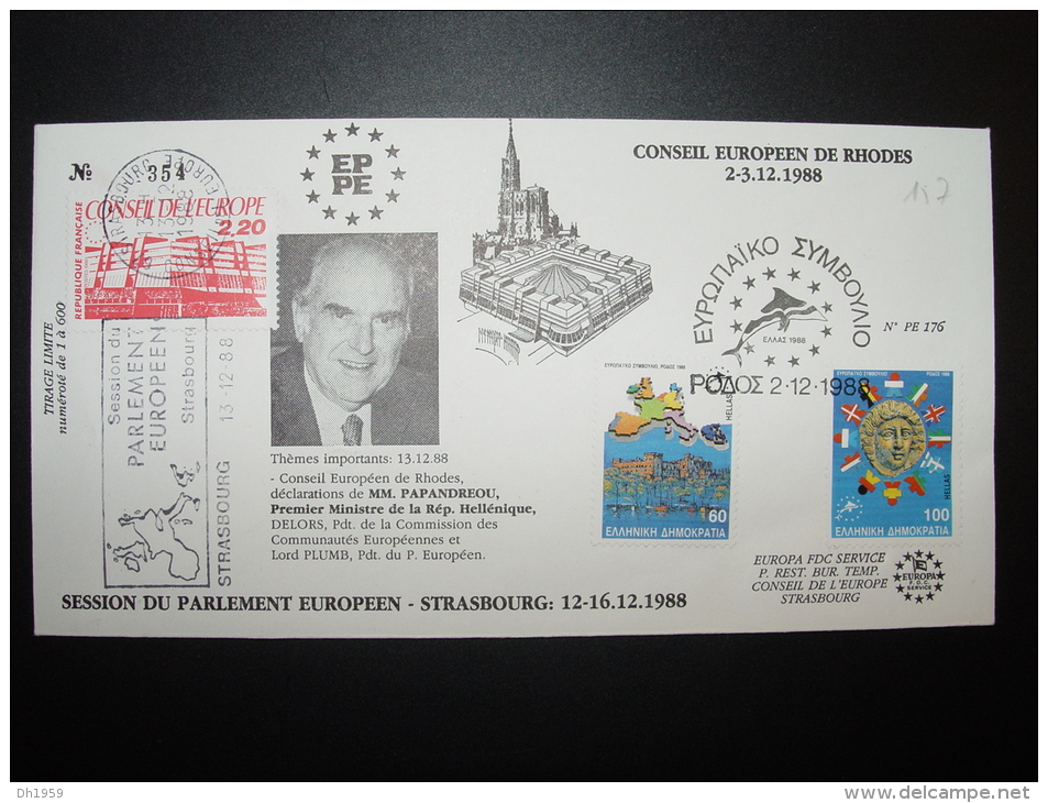 RHODES PAPANDREOU GRECE GRIECHENLAND GREECE 1988 FDC CONSEIL DE L'EUROPE LIMITED EDITION - Cartas & Documentos