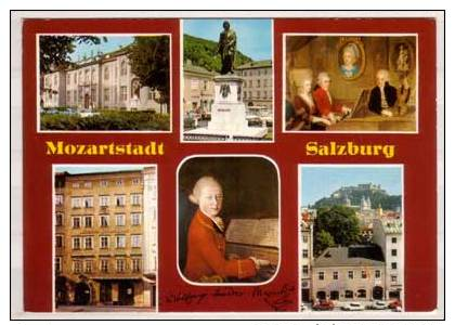 Mozartstadt Salzburg , Mehrbildkarte , Mozarteum - Mozart Denkmal - Familienbild - Geburtshaus - Mozart Bildnis - - Salzburg Stadt