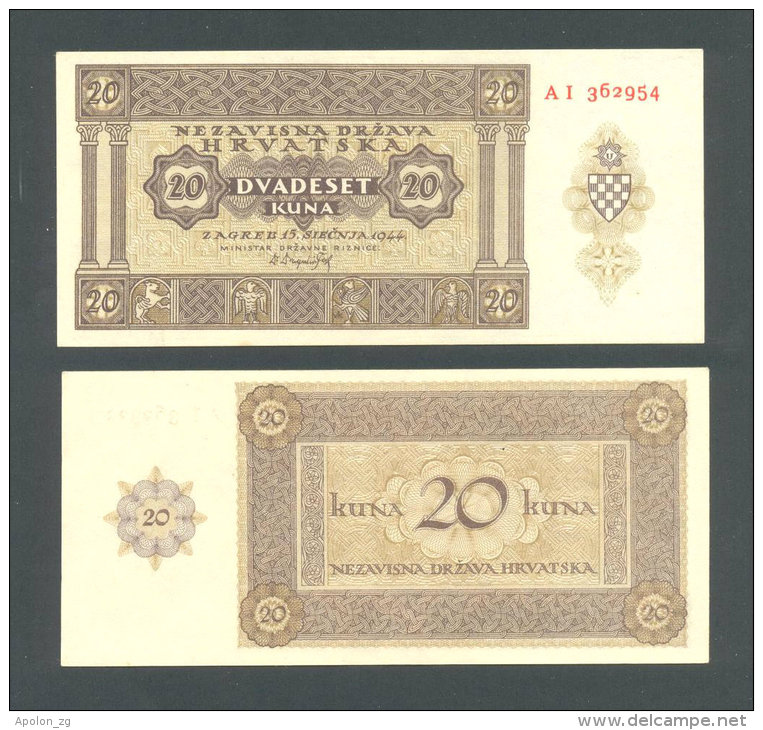 CROATIA - KROATIEN, Top UNC!  20 Kuna 1944 * WORLD WAR II * USTASA * NDH * VERY RARE BANKNOTE ! - Croatie