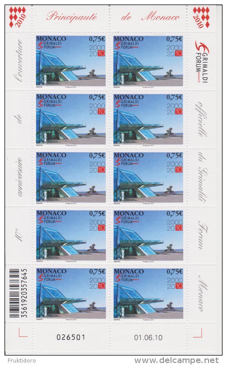 Monaco Mi 3001 10th Anniversary Of The Grimaldi Forum Full Sheet - Feuille * * - Unused Stamps