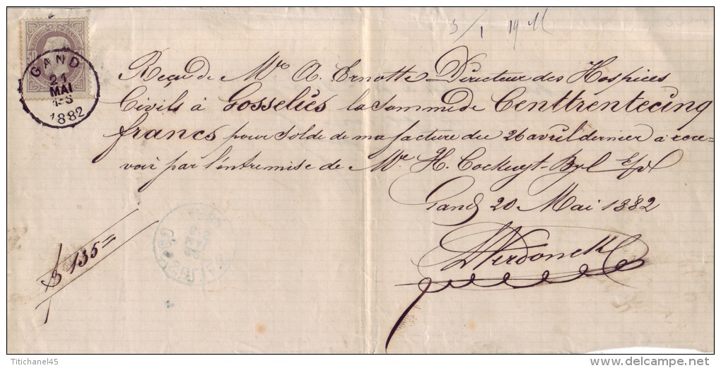 N°35 Sur Reçu - Belle Oblitération De GAND De 1882 - Oblitération D´arrivée De GOSSELIES Au Verso - 1883 Leopold II