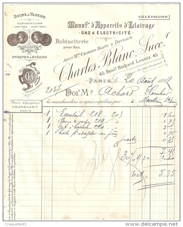 Facture MANUF.D'APPAREILS D'ECLAIRAGE-GAZ &ELECTRICITE-CHARLES BLANC SUCC. PARIS   1892 - 1800 – 1899