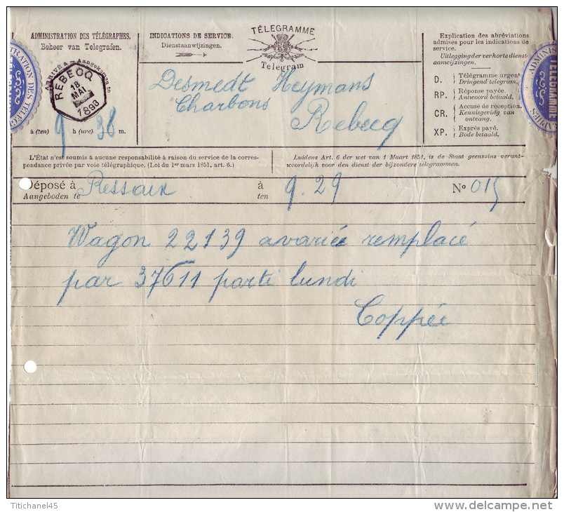 Télégramme Déposé à RESSAIN Le 18 Mai 1893 Pour REBECQ (cachet Ferroviaire Hexagonal) Vignette Bleu De L´administration - Timbres Télégraphes [TG]