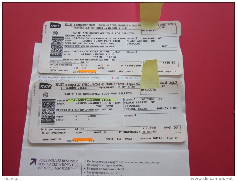 Billet Ticket  Train TGV Titre De Transport SNCF : Marseille Saint-Charles Lyon La Part-Dieu Mâcon Ville  7 Juillet 2013 - Mundo