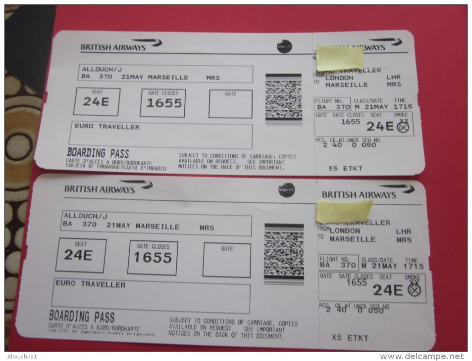 2 Billets Ticket D'avion British Airways&gt;&gt; Londres Marseille BOARDING Pass Embarquement London - Welt