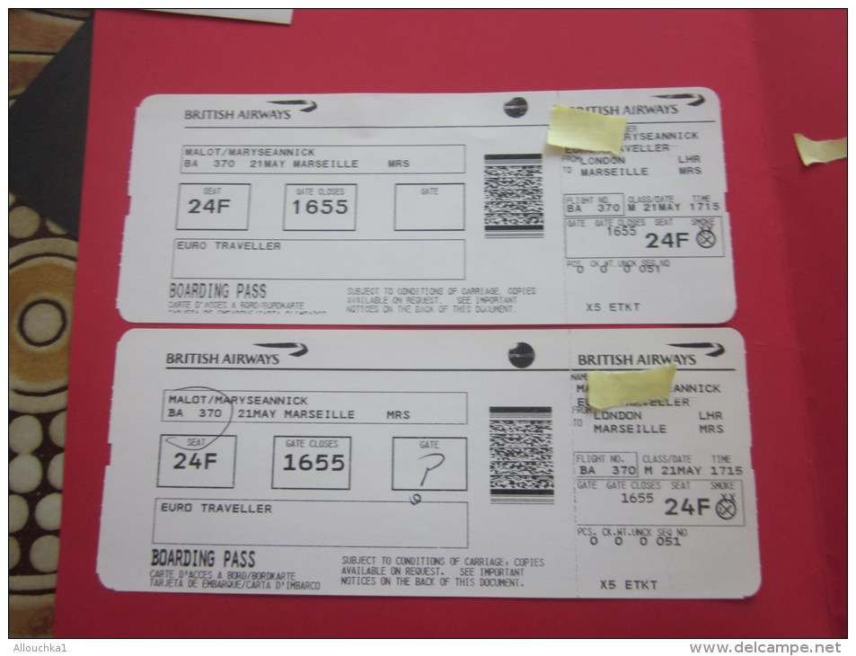 2 Billets Ticket D'avion British Airways&gt;&gt; Londres Marseille BOARDING Pass Embarquement London - Monde