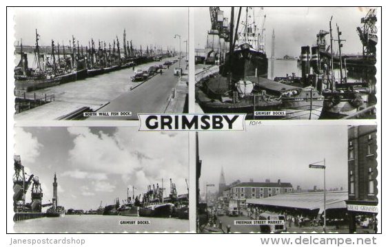 REAL PHOTO POSTCARD GRIMSBY MULTI-VIEW SHOWING DOCKS, SHIPS, FISHING BOATS - Altri & Non Classificati