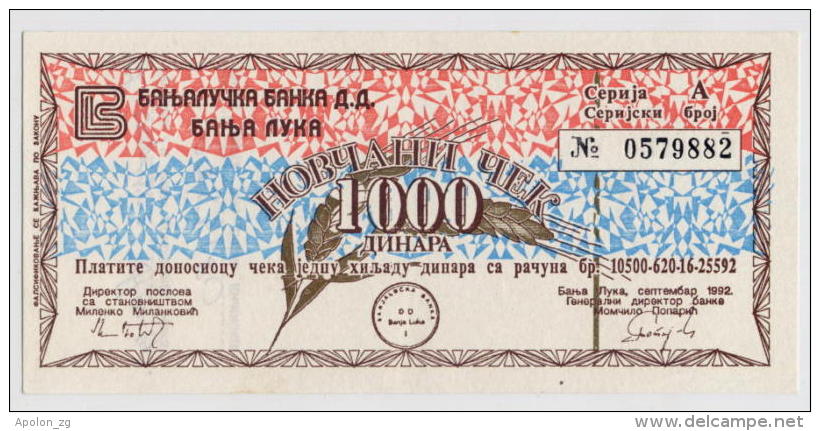 BOSNIA: 1000 Dinara1992 AUNC * MILITARY CHECK - BANJA LUKA * NOT CANCELLED - Bosnien-Herzegowina