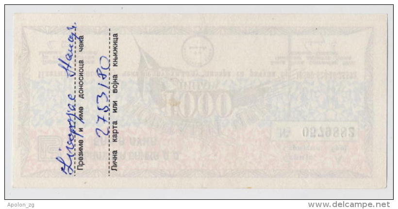 BOSNIA: 1000 Dinara1992 AUNC * MILITARY CHECK - BANJA LUKA * NOT CANCELLED - Bosnia And Herzegovina