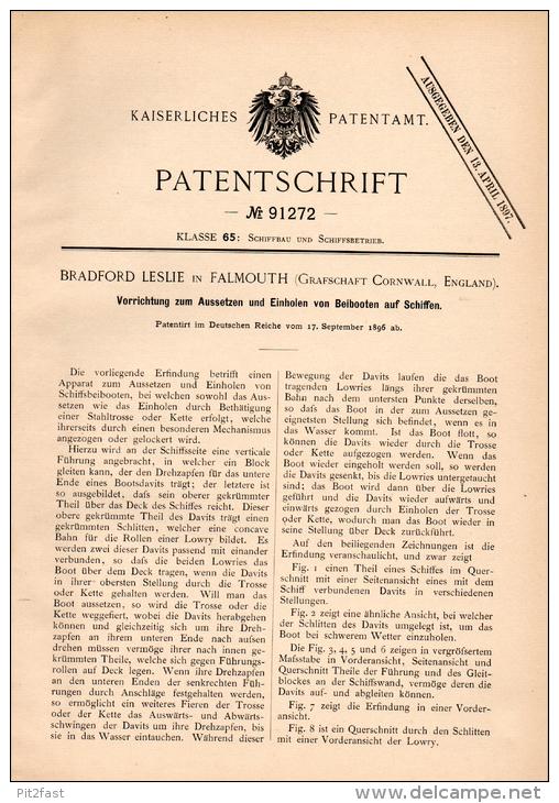 Original Patentschrift - B. Leslie In Falmouth , Cornwall , 1896 , Apparatus For Tenders On Ships, Ship !!! - Autres & Non Classés