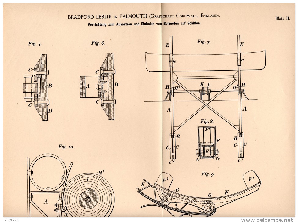 Original Patentschrift - B. Leslie In Falmouth , Cornwall , 1896 , Apparatus For Tenders On Ships, Ship !!! - Other & Unclassified