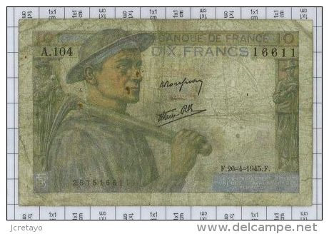 10 Francs Mineur, Ref Fayette 8-14, état B - 10 F 1941-1949 ''Mineur''