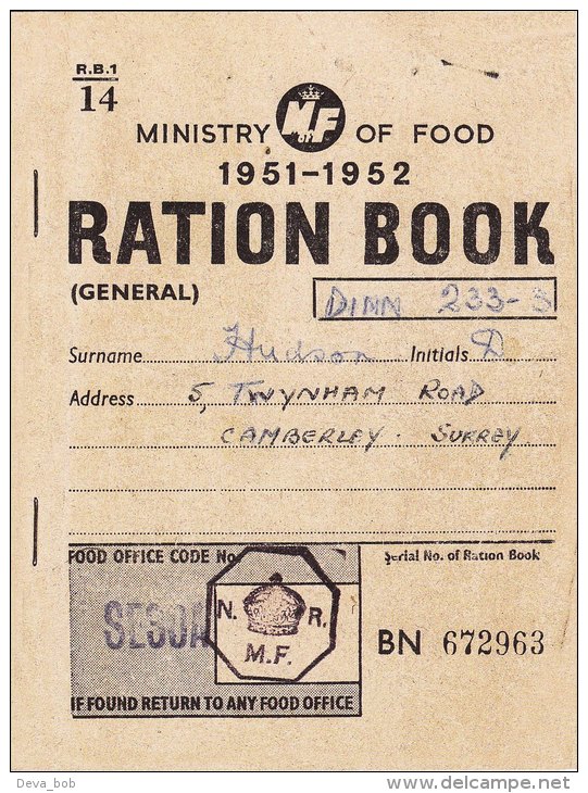 Replica 1950s Ration Book D Hudson Camberley 1951 1952 Ministry Of Food - Unclassified