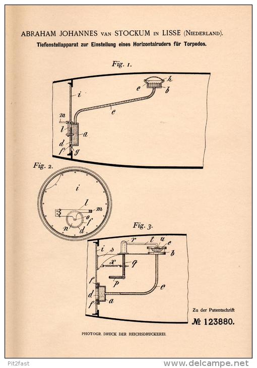 Original Patentschrift - A. Van Stockum In Lisse , 1900 , Tiefenapparat Für Torpedo , Torpedos !!! - Documenten