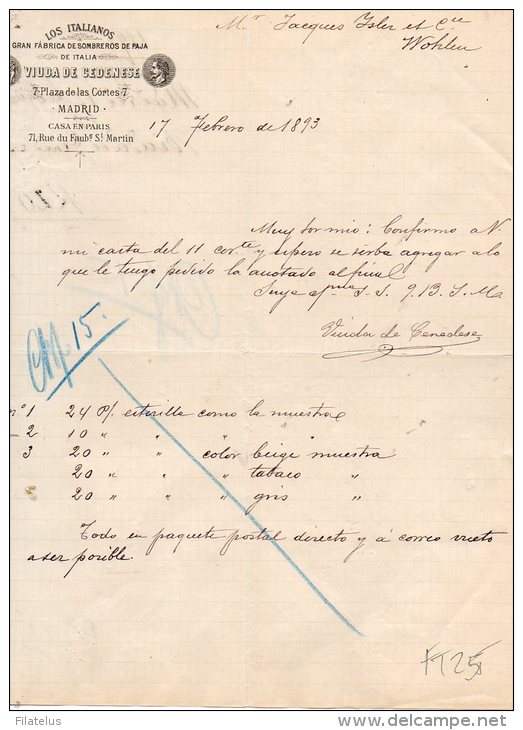GRAN FABRICA  DE SOMREROS DE PAJA DE ITALIA-VIUDA DE CEDENSE-MADRID-17-2-1893 - Espagne